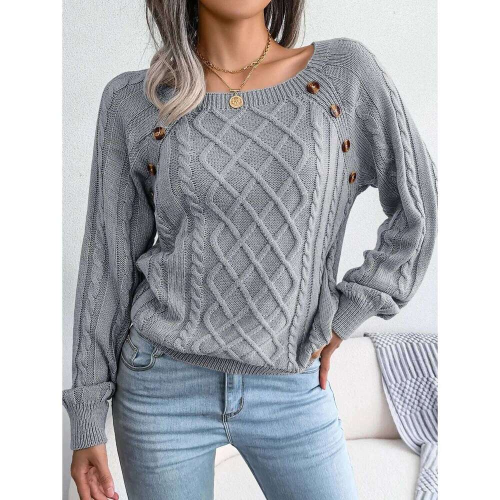 Fashion Women Casual Square Collar Buttons Long Sleeve Knitted Pullover Sweaters For Autumn Winter 2025