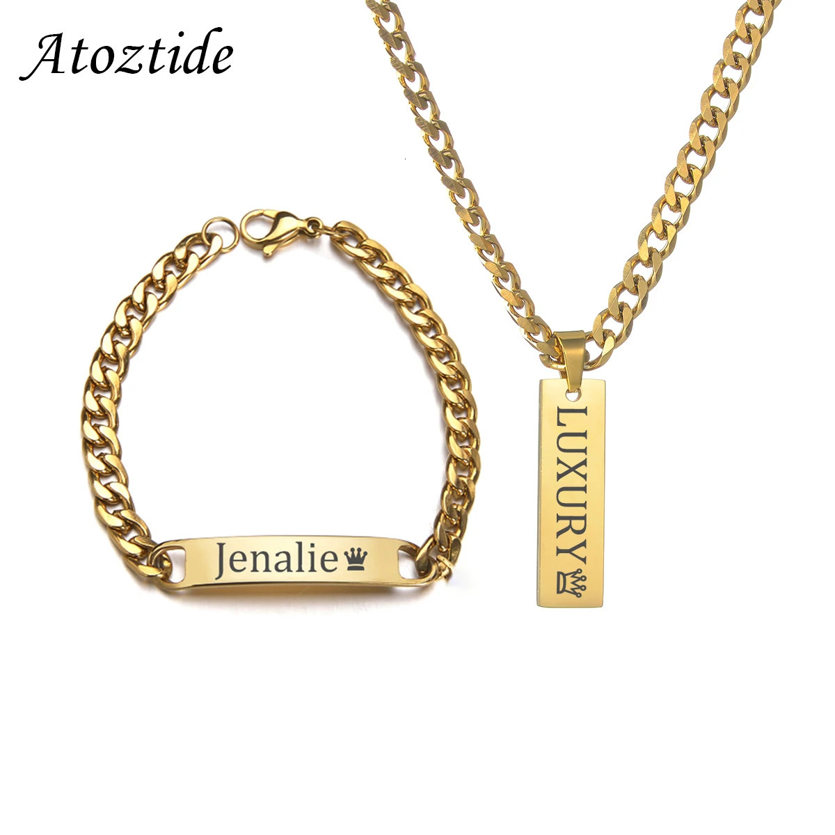 Atoz personnalisé gravé Punk chaîne cubaine Bracelet collier ensemble de bijoux pendentif en acier inoxydable pour hommes cadeau d'anniversaire 2