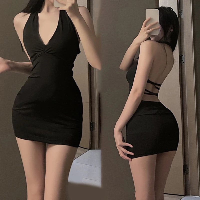 Sexy femmes licou dos nu mince col en V Wrap noir soirée Mini robe 251128