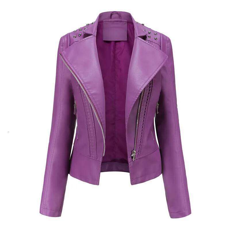Vestes en cuir décorées de clous et de fermetures éclair en PU violet pour femmes d'automne 2026, manteaux de moto roses.