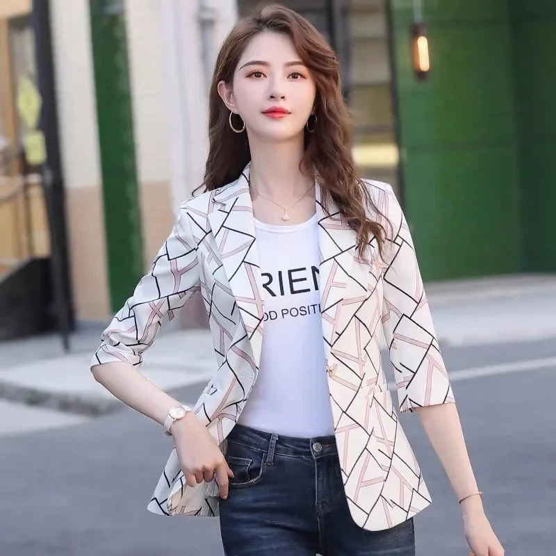 Women Blazer Print Suit Femme Jackets Office Ladies Blazers Female Casual Single Button Jacket Coat Slim Work Blazer 251202