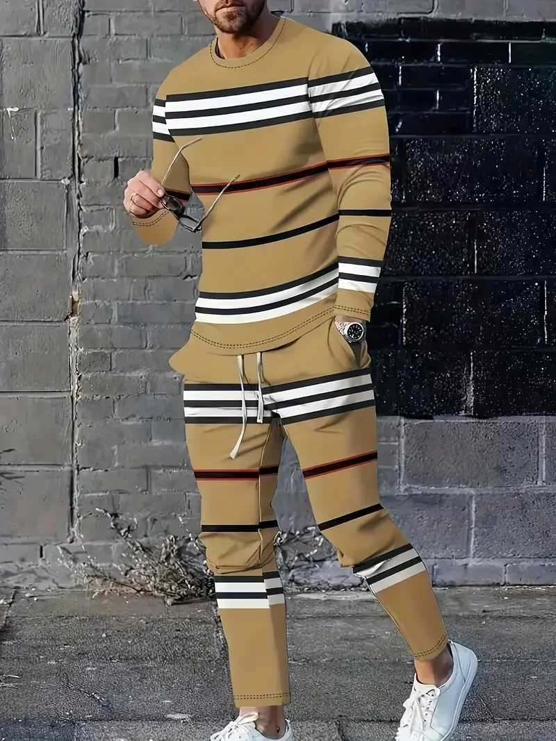 Spring And Fall Mens Long Sleeve Pant 2pcs Sets Red And Blue Striped 3D Print Man Set Everyday Fashion Men Long Sleeved T-shirt X251205