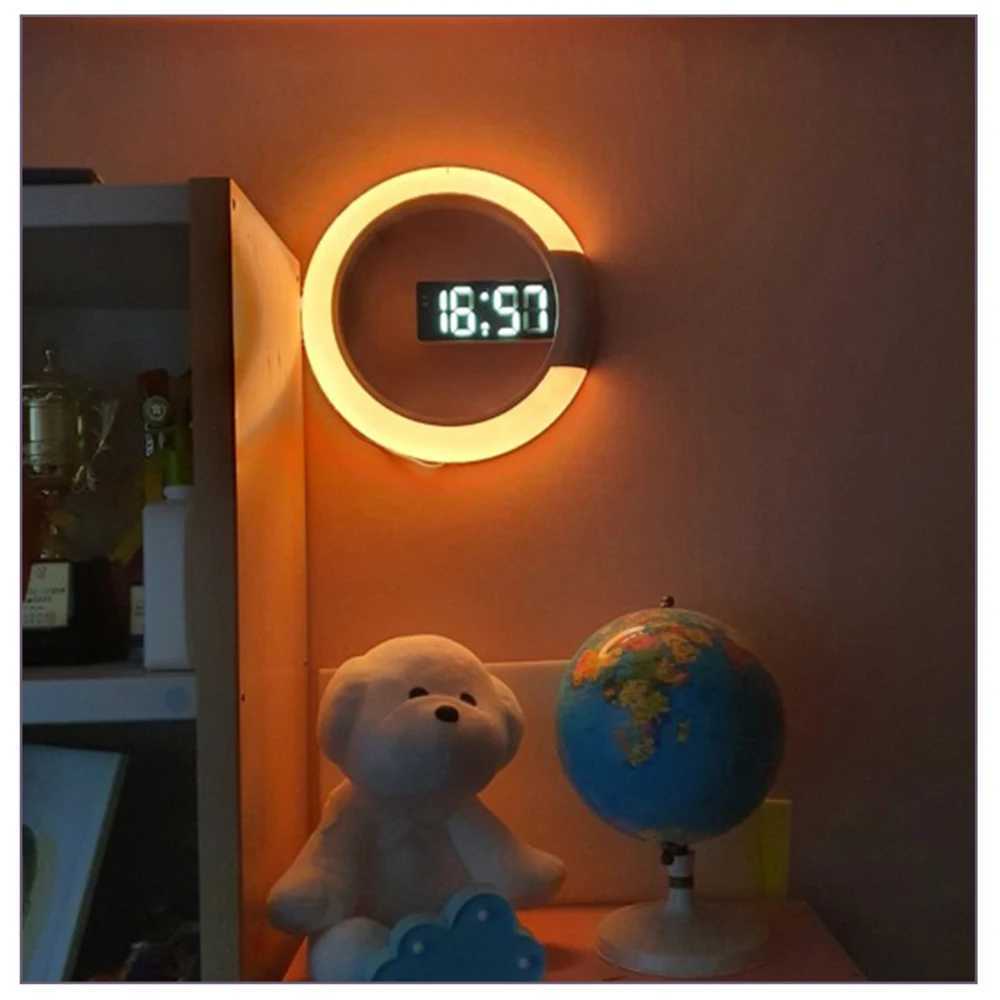 LED Miroir Creux Horloge Murale avec Télécommande Ronde Réveil Numérique Décoration Murale Lumière 7 Couleur Veilleuse Mode 12/24H M251205