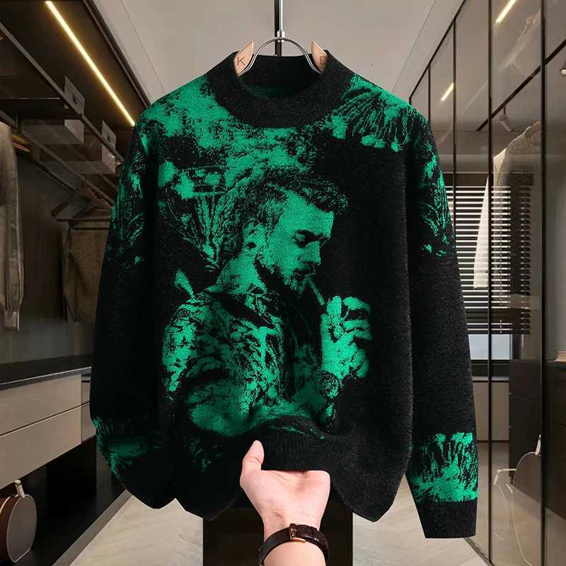 Retro Mens Printed Slim Knit Sweater for Mens Base 2025 Brand Premium Tops High-quality Mens Plus Size Warm Sweater W251205