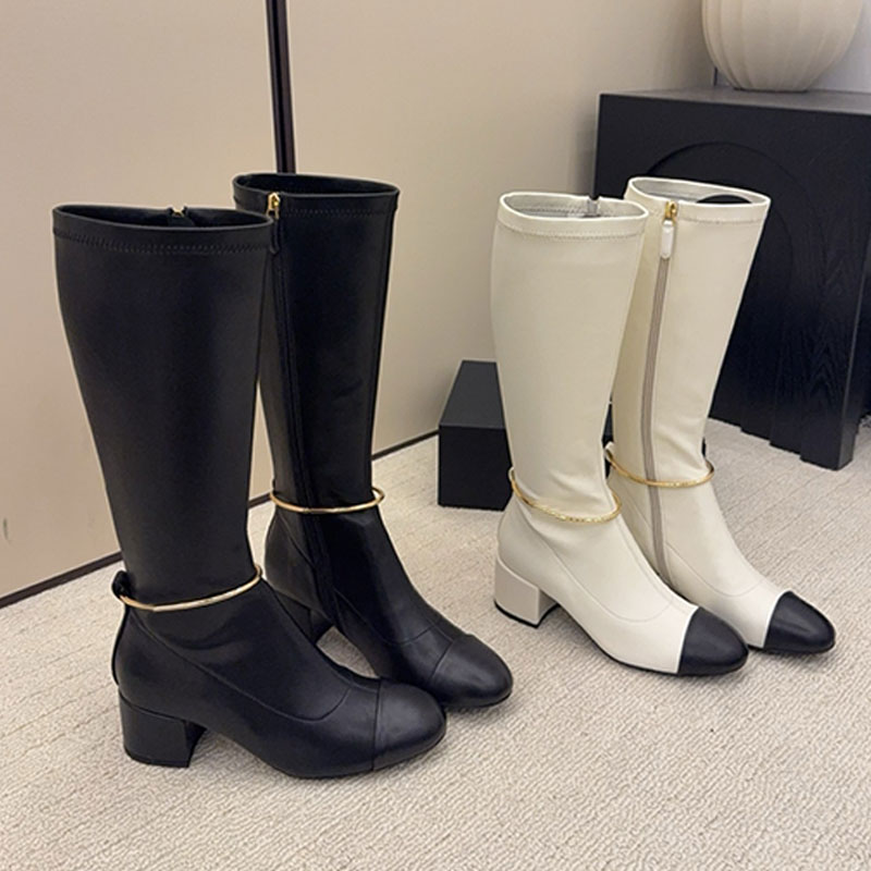 26ss new Metal anklet designer boots woman chunky heels knee high boots winter boots autumn boots designer womens boots luxury boot cap toes real le