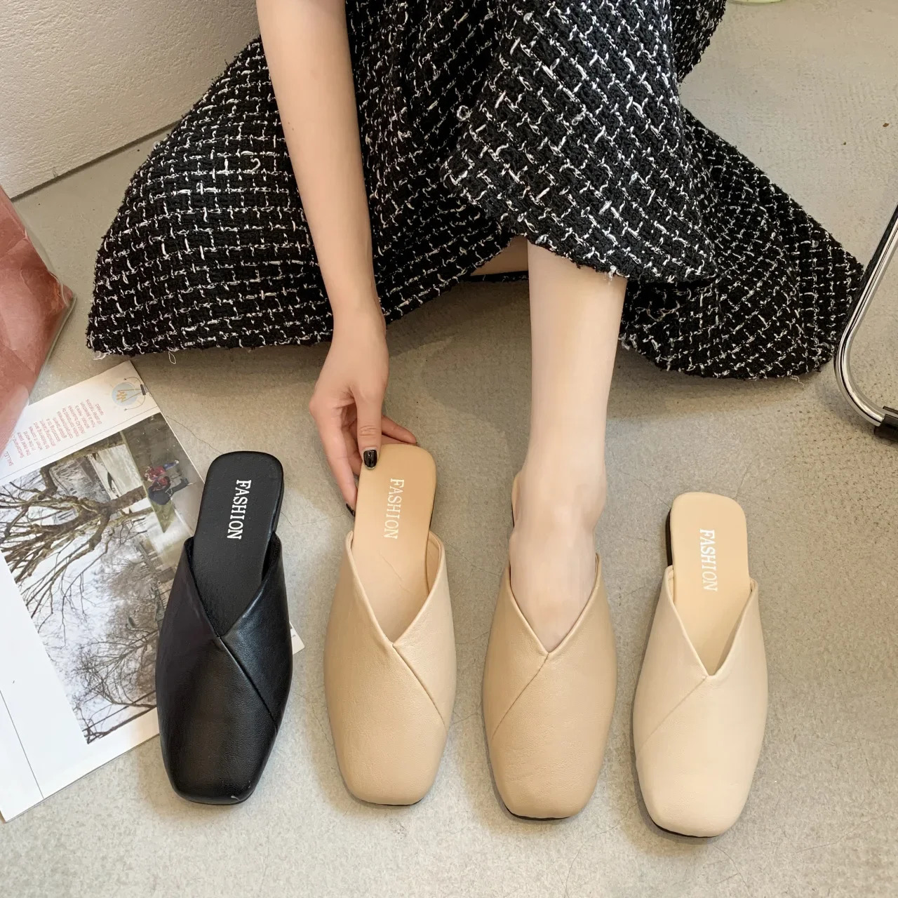 Plus Size Women Mules Summer Elegant Square Closed Toe Flat Slippers Female Shoes Casual Leather Black White Slides Ladies 251201