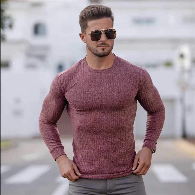 Winter Mens Solid Color Fashion Knitting Casual Breathable Stretch Slim Fit Bodybuilding Soft and Elastic sweater Pullovers W251205
