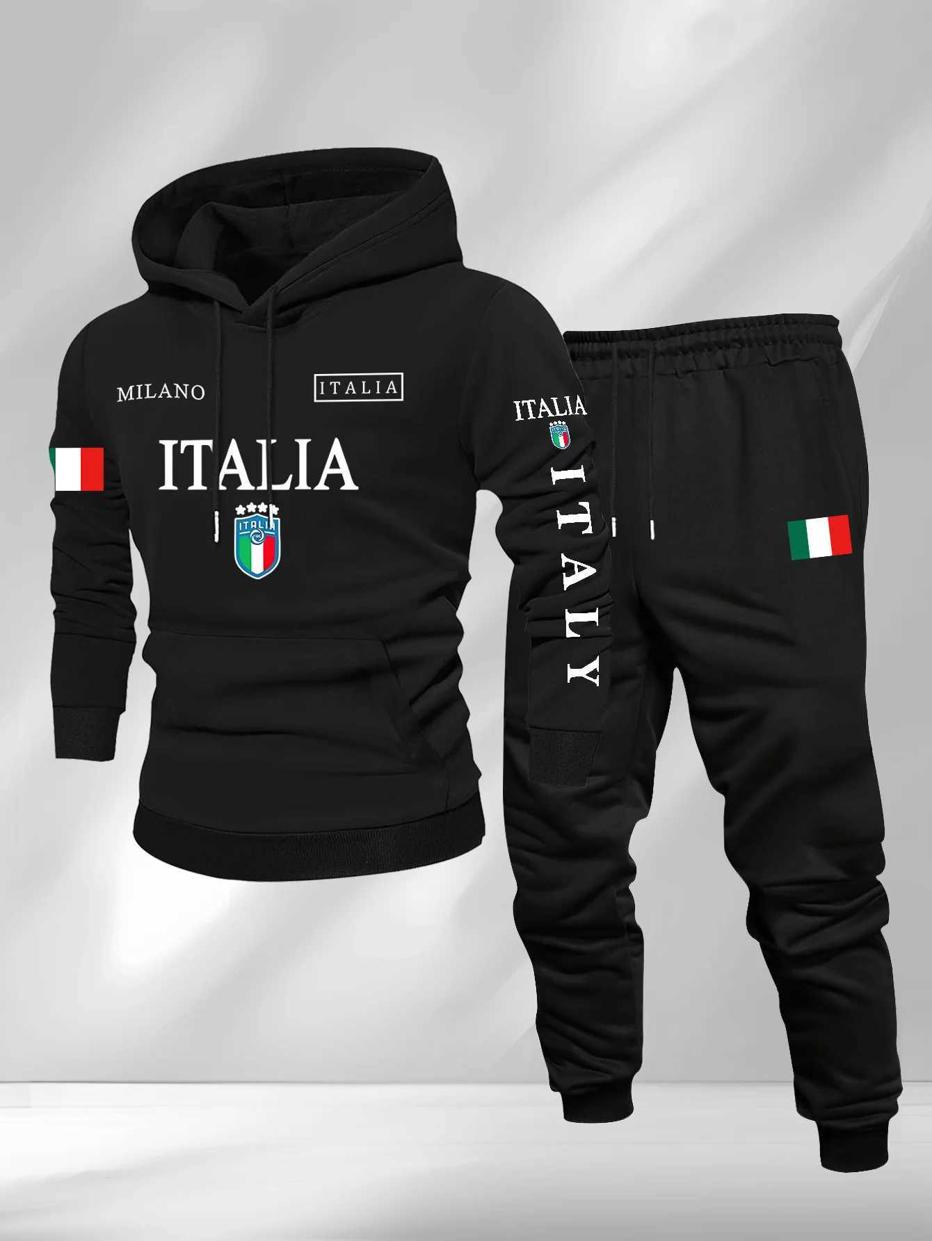 Modèle Italie Sweat à capuche pour hommes et pantalon groupé en polaire Automne-hiver Ensemble deux pièces en haut et en bas coupe-vent costume e
