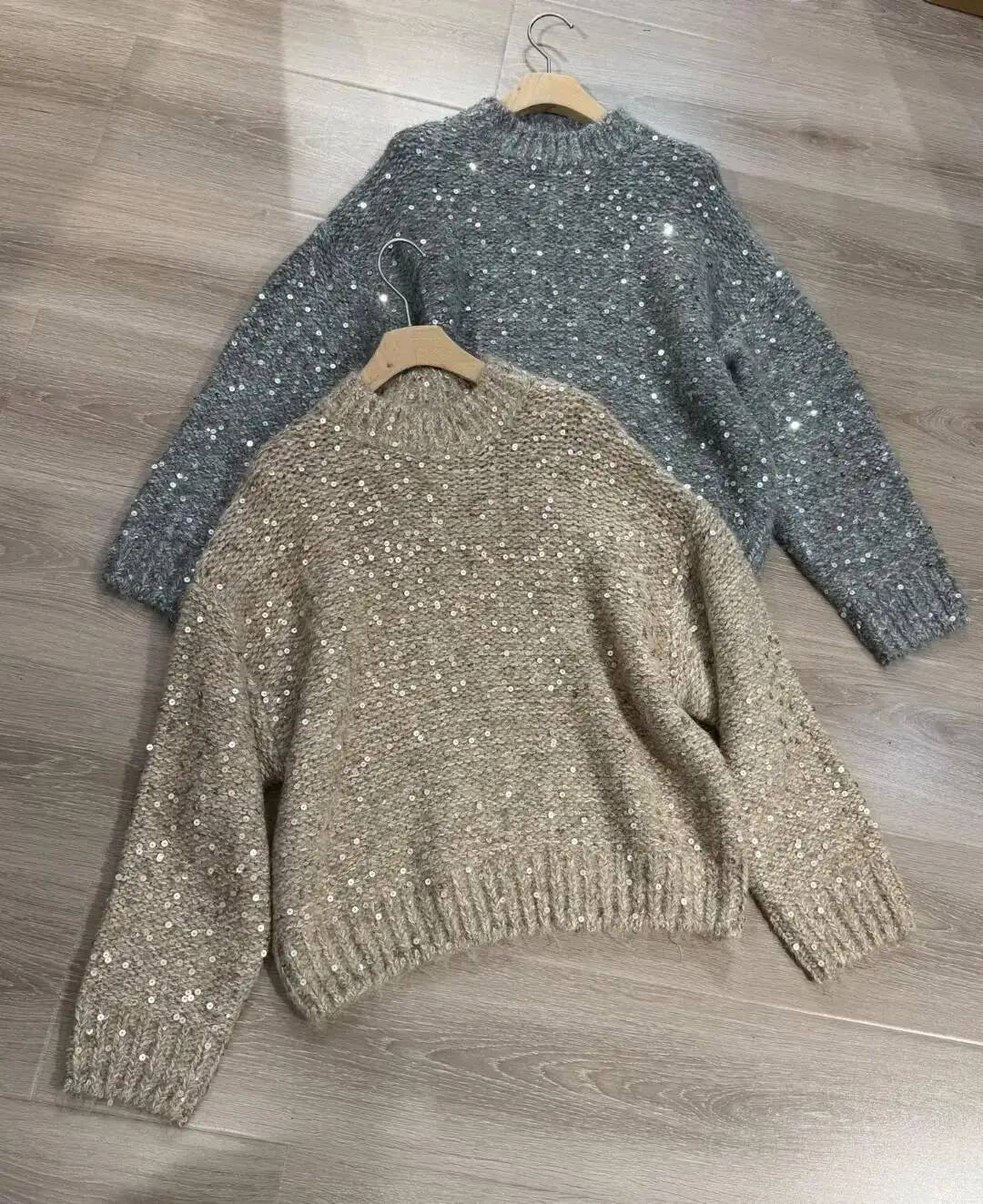 Pull polyvalent luxueux en laine Mohair décoré de paillettes scintillantes exquises