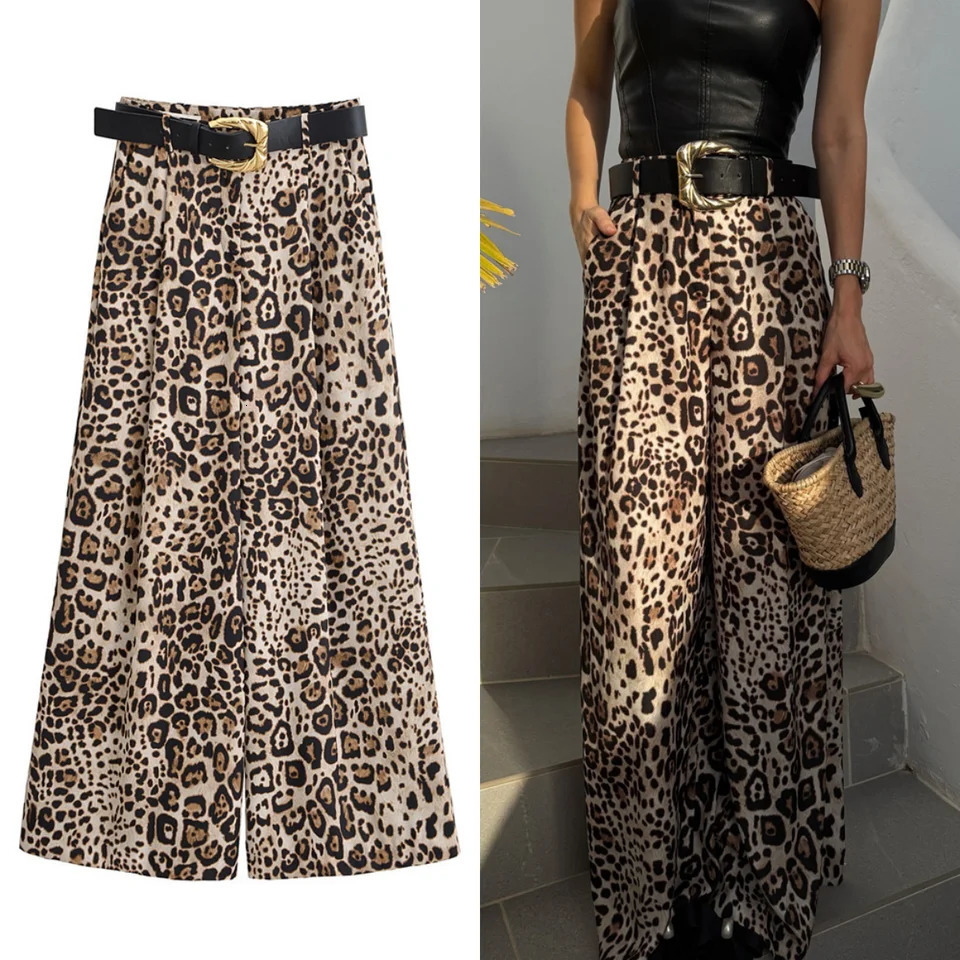 UNIZERA Leopard Satin with Belt High Waisted Trousers Wide Leg Pants Womens Clothing Summer Arrivals Casual 251204