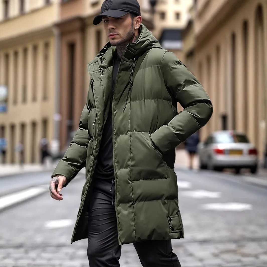 Hiver hommes veste mode épaissir résistant au froid couleur unie mâle vers le bas manteau mi-longueur à manches longues poche à capuche homme vêt
