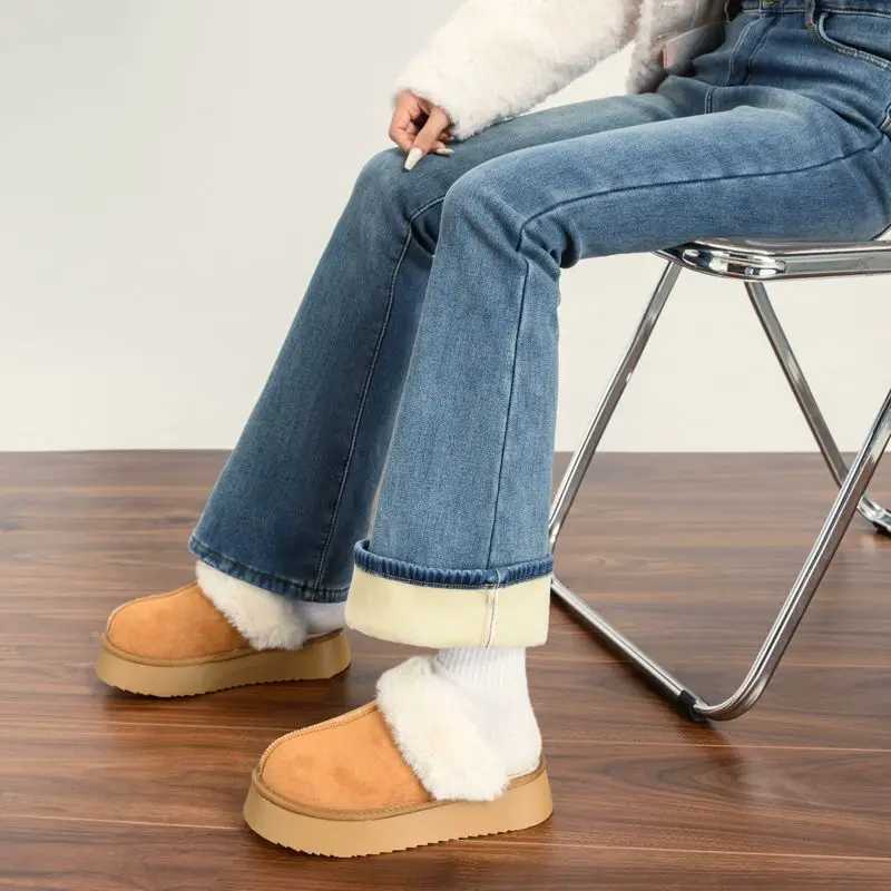 Mode rétro automne hiver plus velours jean femmes lavé en détresse fermeture éclair taille haute décontractée évasée droite jambe large pantalonT