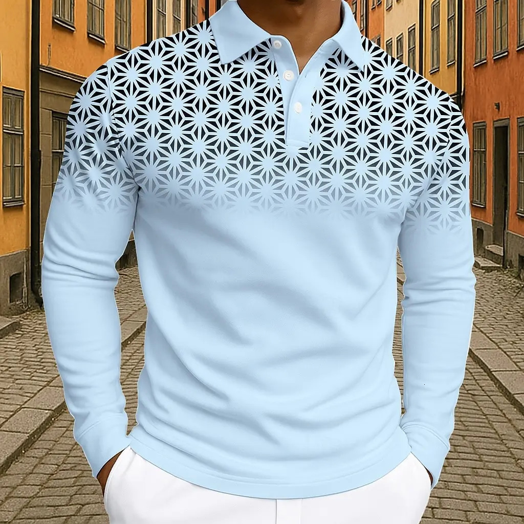 Polo de golf géométrique pour hommes Polos à manches longues Athleisure Usage quotidien Impressions 3D Boutons respirants Hauts Automne Hiver 251