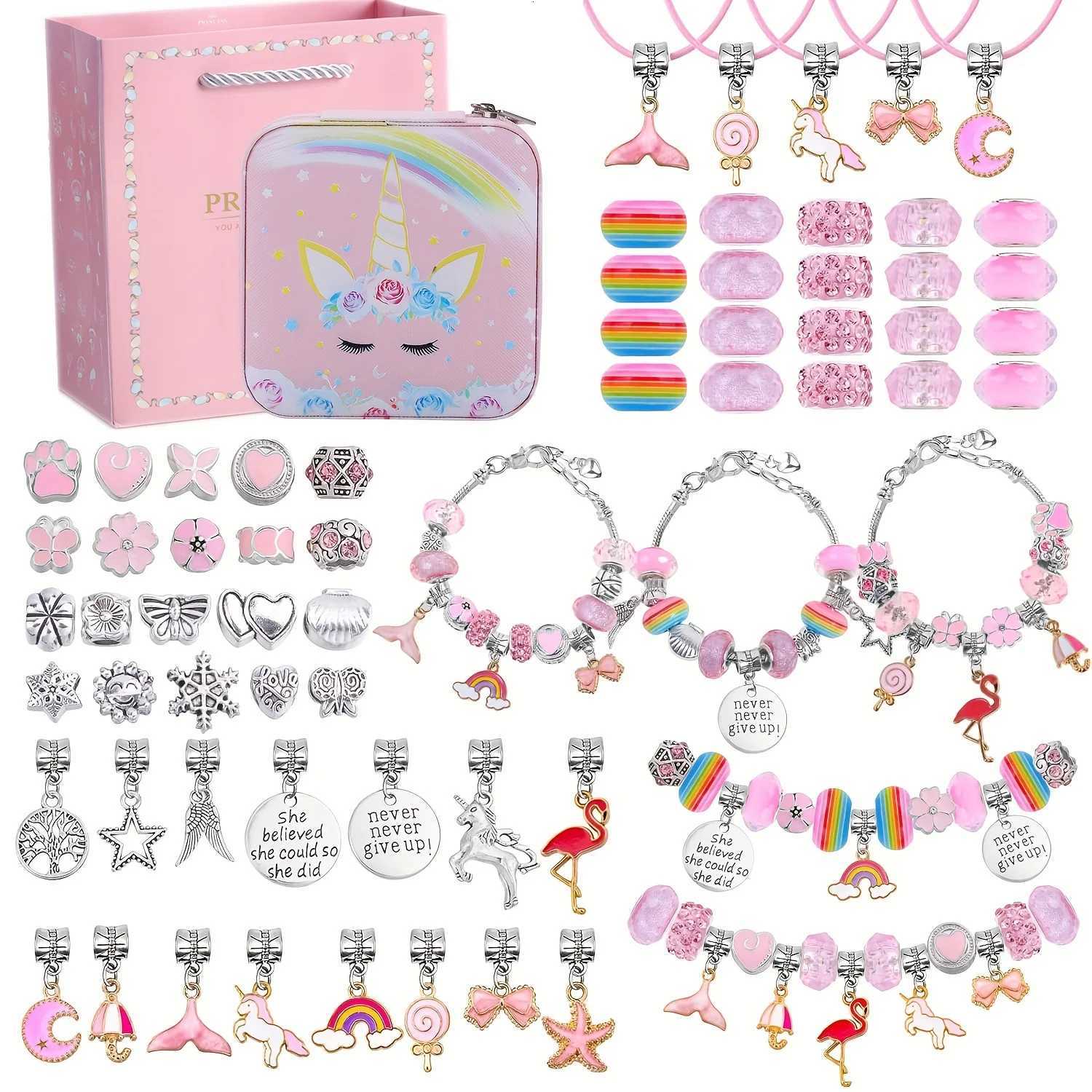 63PCS DIY Charm Bracelet Necklace Making Kit with Unicorn Jewelry Box Jewelry Kit with Unicorn Mermaid Gifts for Birthday Y251205
