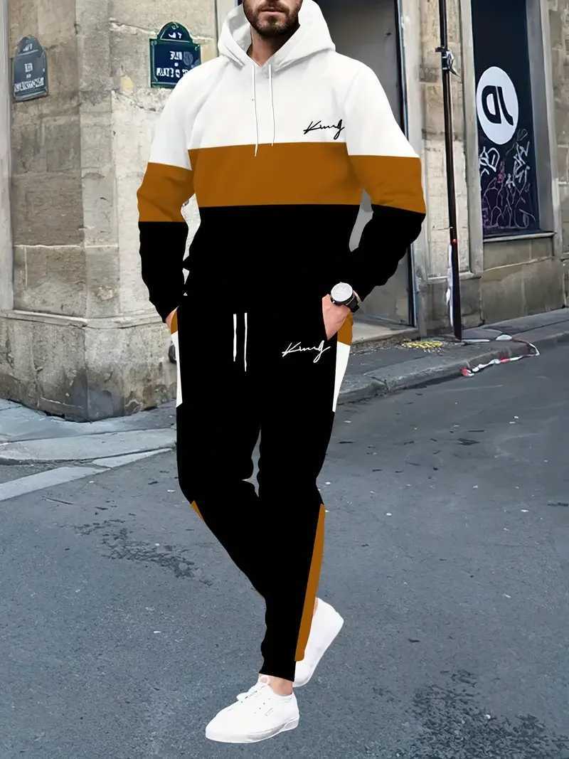 Mens Color Block 2 pièces 3D Imprimer Sweat à capuche Pantalon de survêtement Ensemble Automne / Hiver Lâche Casual Fitness Survêtement de plein