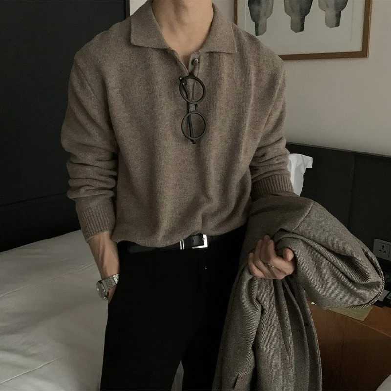 Korean Style Mens Polo Sweater Light Luxury Business Long Sleeve Pullover Premium Knit Polo Shirt Leisure Solid Color Knitwear W251205