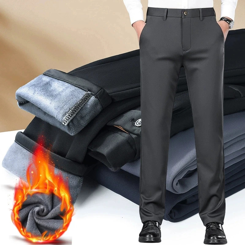 Flannel Thick Mens Casual Pants Navyblue Winter Fleece Business Stretch Warm Plush Trousers Slim Straight Male 251128