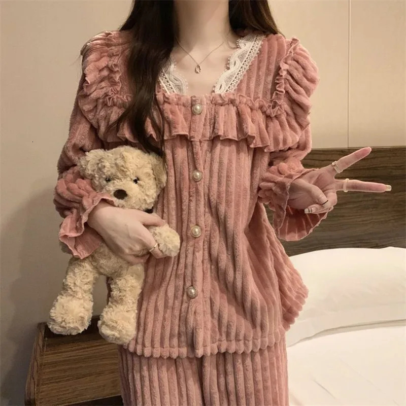 Ensemble de pyjama thermique pour femmes en molleton de corail d'hiver, joli vêtement de maison épais en dentelle, costume chaud, col en V, vêtem