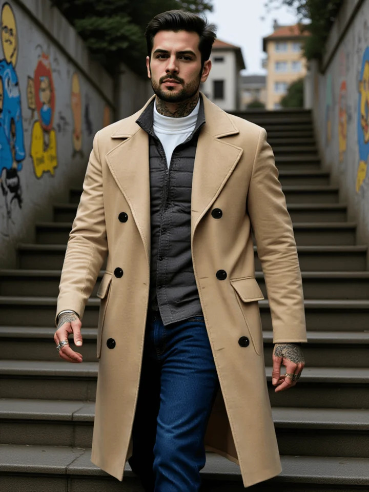 Mens Double-Breasted Trench Coat for Outdoor Commute Winter Thickened Warmth with Fashionable Tailoring Wool Overcoat 251202