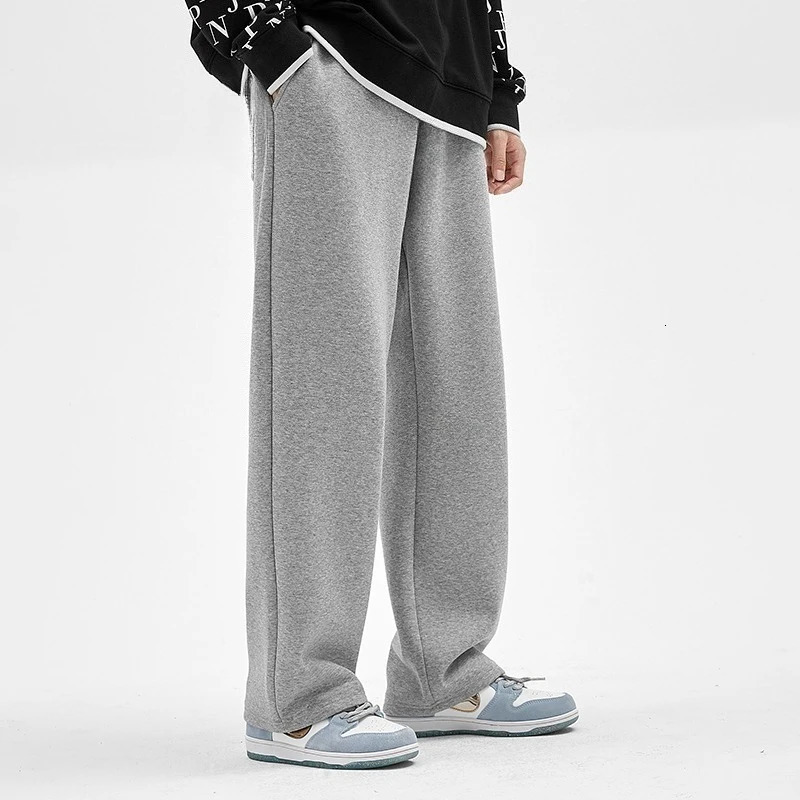 Pantalons de survêtement pour hommes printemps et automne coupe ample grande taille gris polaire doublé fluide pur coton jambe droite pantalons d