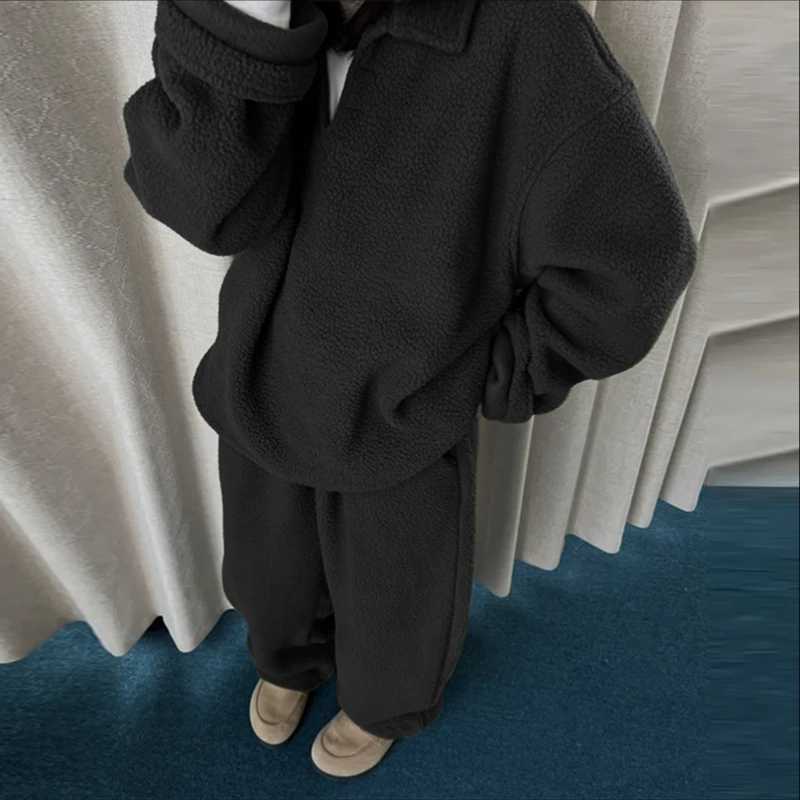 Hommes Ensembles Solide Polaire Revers Manches Longues Sweats À Capuche Pantalon Deux Pièces Ensembles Streetwear Surdimensionné Mode Casual Cost