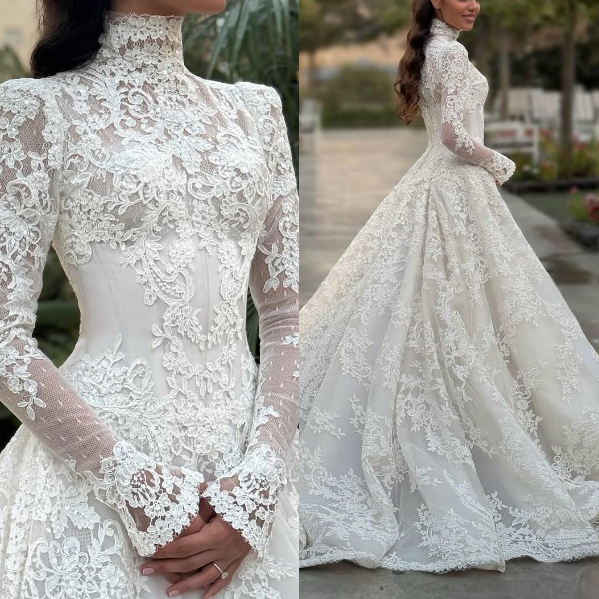 Vintage Women Wedding Dress High Collar Long Sleeves Bridal Gowns Sequins Lace Detachable Train Dress Custom Made vestidos de novia