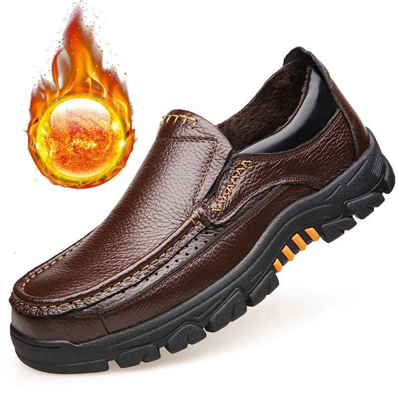 2025 Chaussures d'hiver Hommes En Cuir Véritable Derby Chaussures Chaud En Peluche Plat Antidérapant Marque Chaussures Pour Homme Marron Semelle
