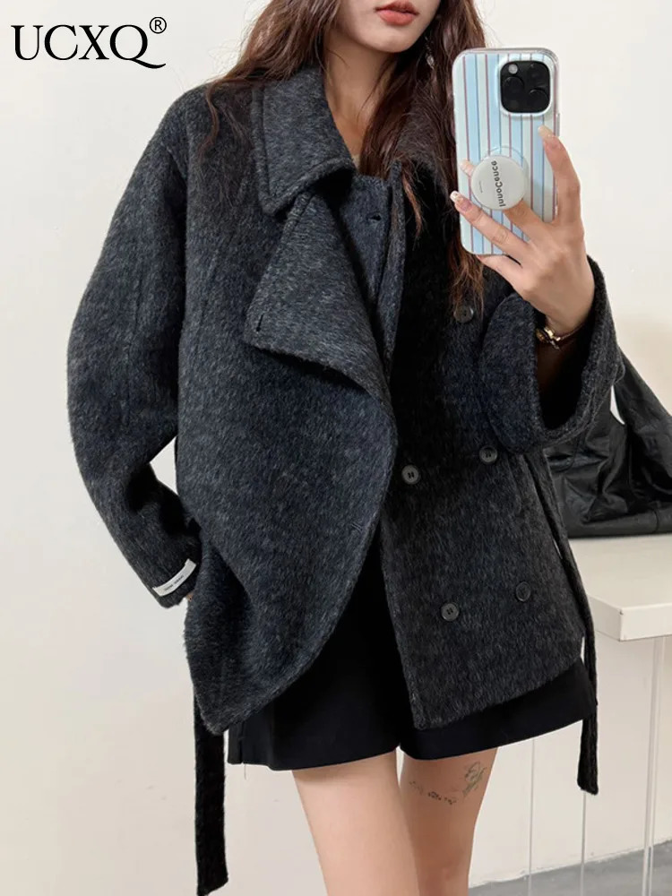 UCXQ Short Double Sided Wool Coat For Women Stand Collar Long Sleeve Cardigan Jacket 2025 Autumn Winter 23Z3958 251129