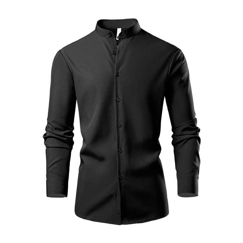 Chemise noire à manches longues pour hommes, simple boutonnage, col montant, hauts décontractés à la mode, taille européenne S-XL, vert blanc W25