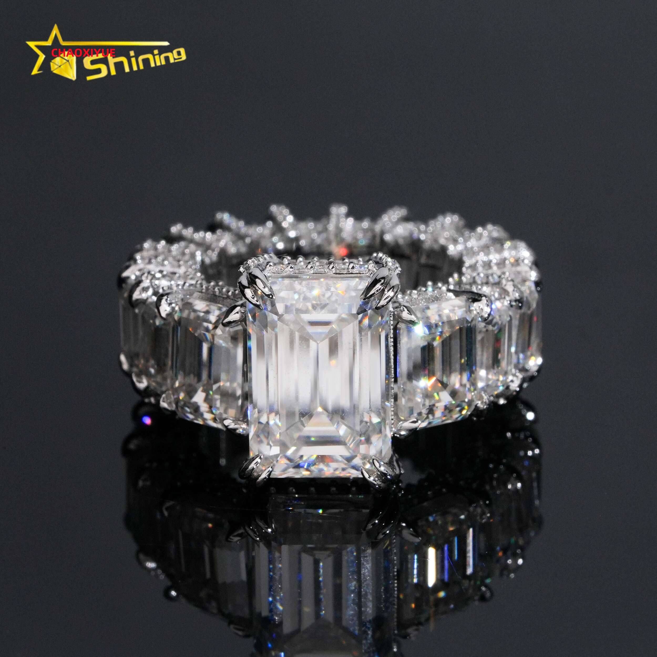 Iced Out 925 Silver D VVS 9CT Emerald Cut Moissanite Diamond Wedding Ring Fine Jewelry Custom Fashion Rings for Women
