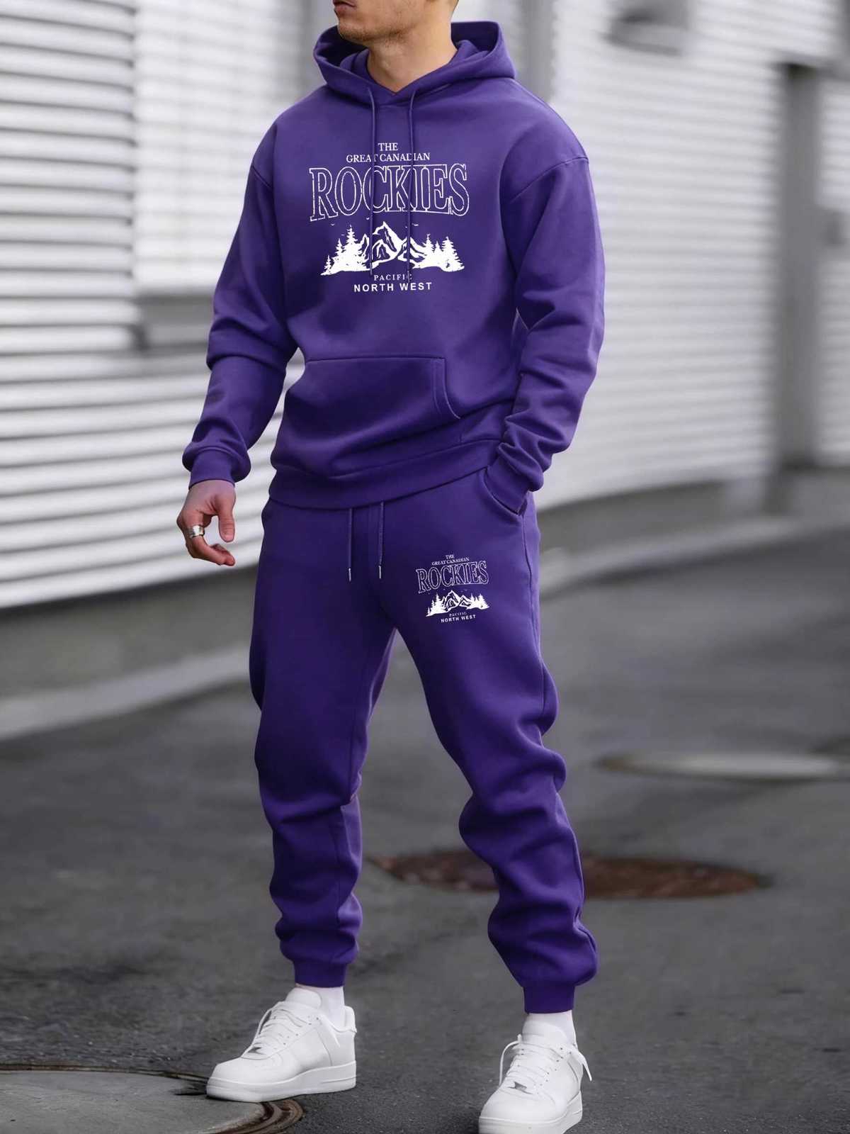 Canadian Rockies Pacific North West Print Mens Sportsuits Doux Chaud Sweat À Capuche Automne Polaire Vêtements Lâches Mâle Casual Pantalon Simple