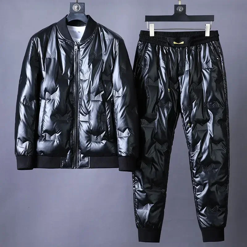 Hommes ensembles chaud coupe-vent imperméable hiver mode vers le bas coton costume brillant veste à glissière cordon pantalon deux pièces 251204