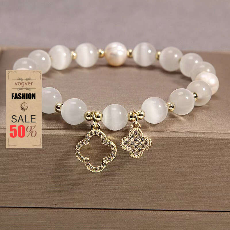 Bracelet For Women Luxury Designer 2026 New Cat's Eye Stone for Women Four-Leaf Clover Crystal Elastic Cord Pearl Fortune Bead Bracelet