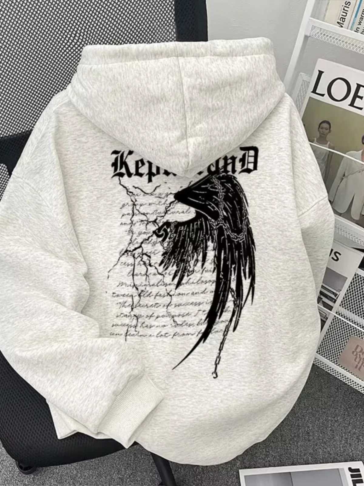 Wing-letter Printed Loose Trendy Autumn Winter Fleece Warm Hooded Sweatshirt Comfortable Versatile Soft Adults Mens Daily UseXJ251205