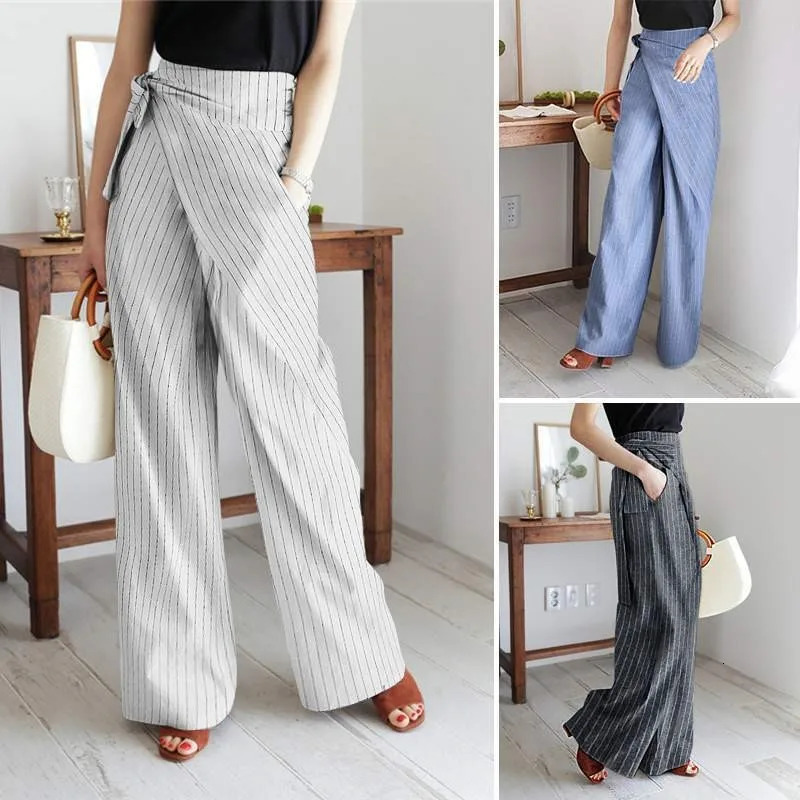 Femmes rayé coton lin pantalon large poches de mode taille haute pantalon rétro décontracté streetwear élégant vêtements de bureau 251204