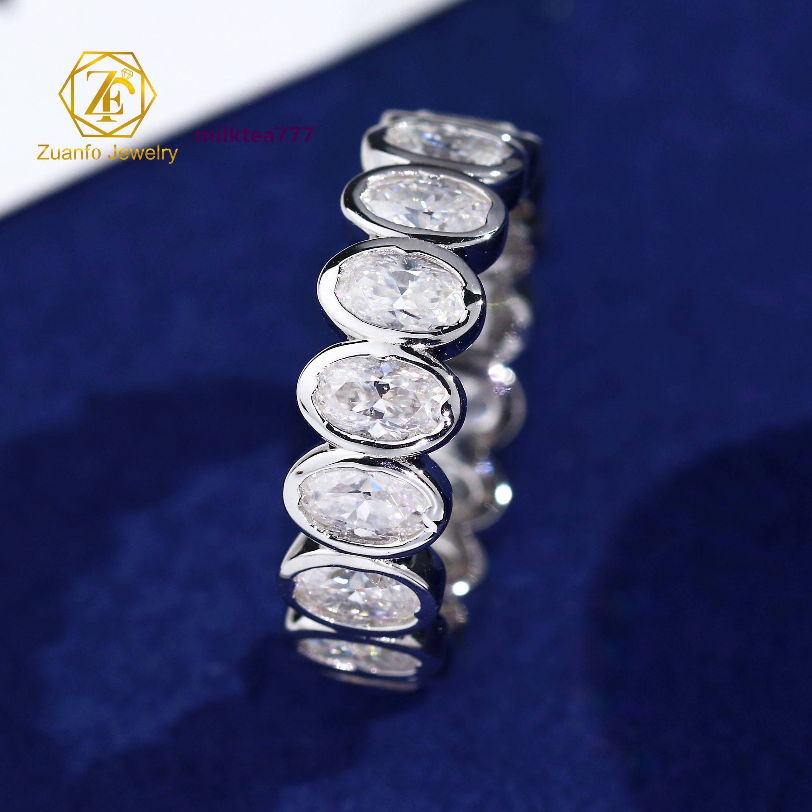 Anniversary Gift Bezel Set 925 Silver Eternity Band Full of Diamonds Oval Emerald Round Heart Cut Moissanite Tennis Ring