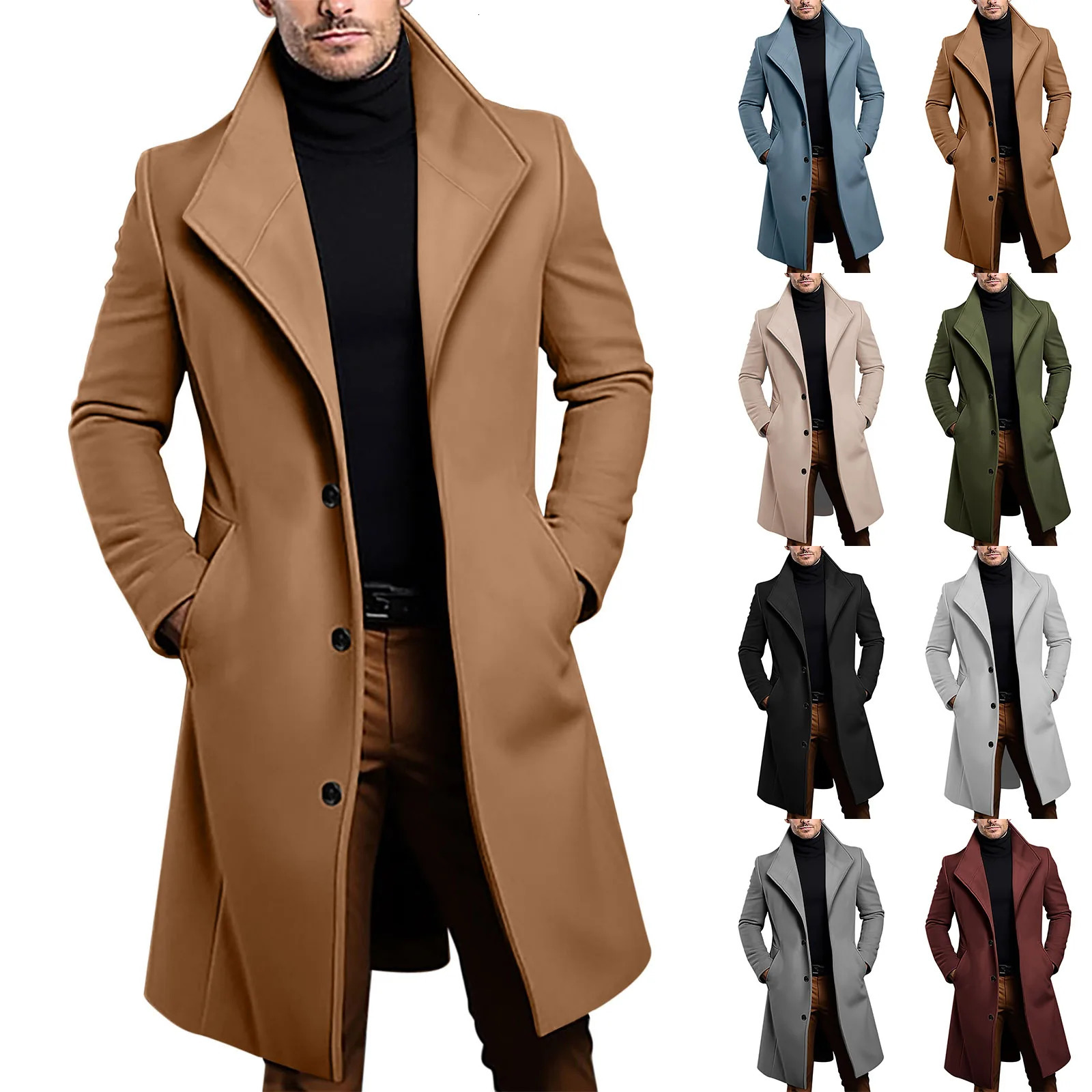 Fashion Mens Woolen Mid Length Coat Autumn Winter Male Solid Color Windbreaker Coat Outdoor Casual Streetwear Birthady Gift 251202