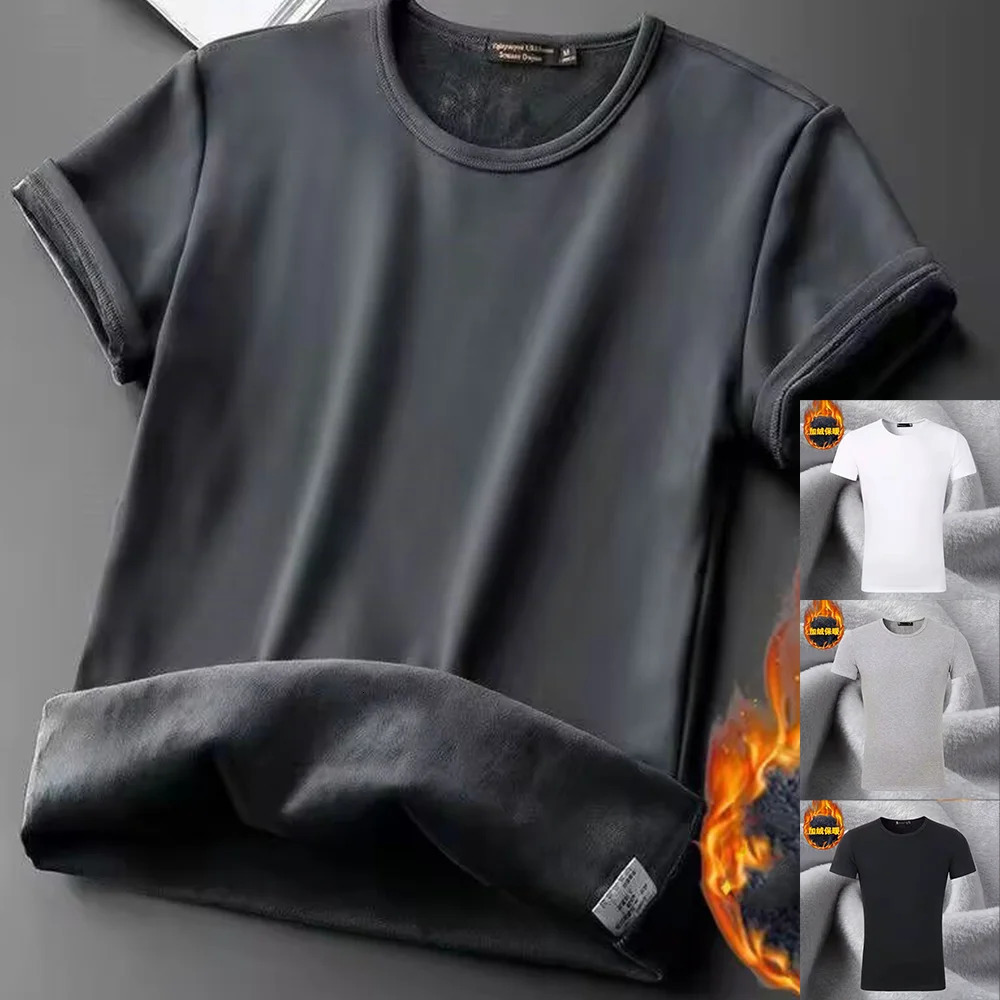 Winter Mens Velvet Short Sleeve T-shirt Base Shirt O-neck V-neck Man Warm Underwear Half Sleeve Top Thermal Short Sleeve Bottom251129