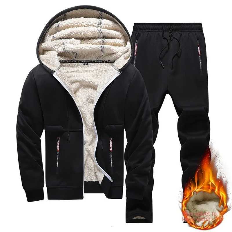 Costume en polaire d'agneau Veste à capuche pour hommes Costume de sports d'hiver épais Cardigan pour hommes Ensemble deux pièces Sweat à capuche