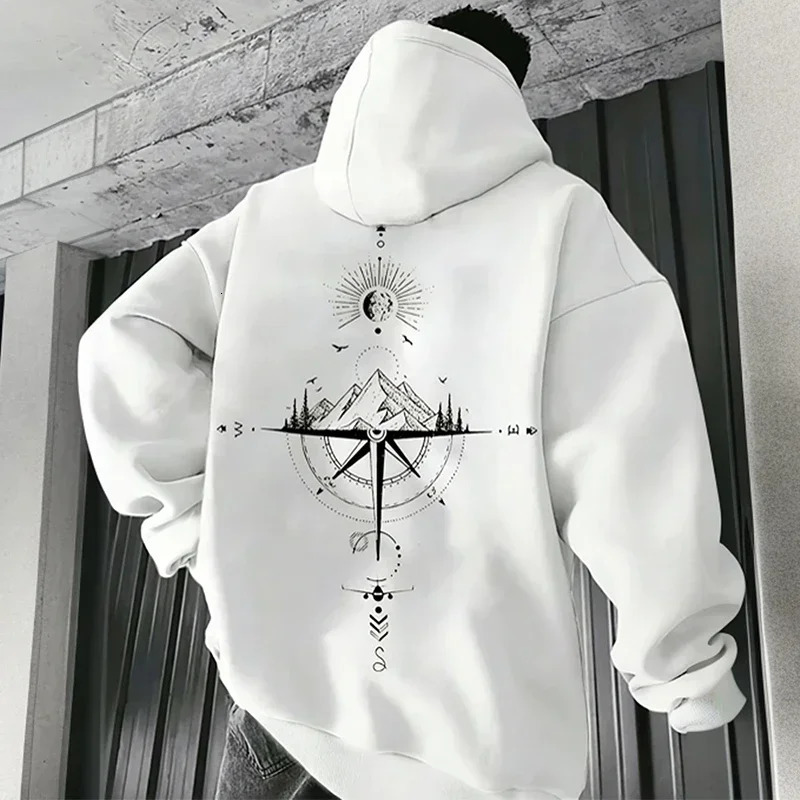 Vintage Compass Print Hoodies for Men High Quality Hooded Long Sleeve Pullover All Season Daily Casual Sports Tops Mens Clothes251129