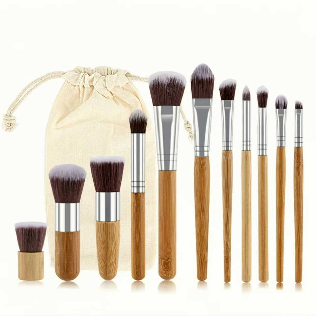 11pcs Natural Bamboo Handle Makeup Brushes Foundation Blending Make Up Tool Set With Cotton BagT251205-image-1087323852
