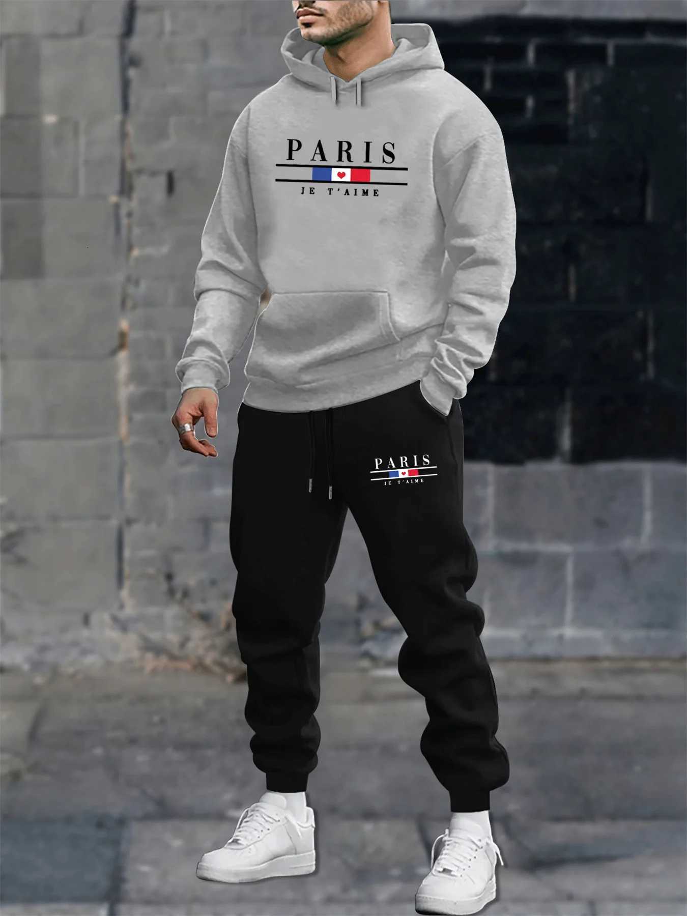 Mens autumn and winter casual fashion warm Paris pattern print loose plush thick hooded sweatshirtsweatpants set X251205