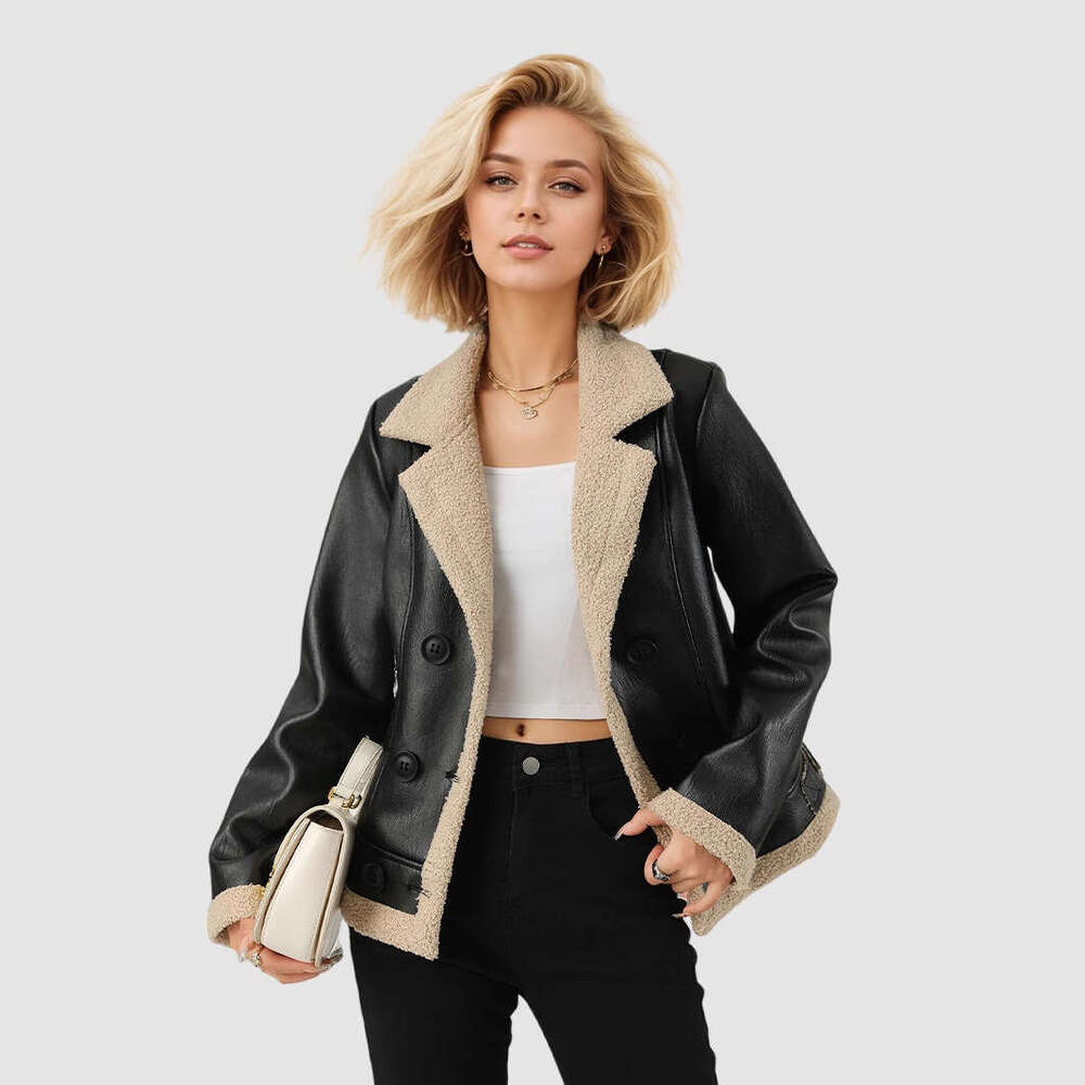 Fleece-Lined Thickened Women, Turn-Down Collar PU Leather Fur Integrated European And American Style Jacket For Women B1