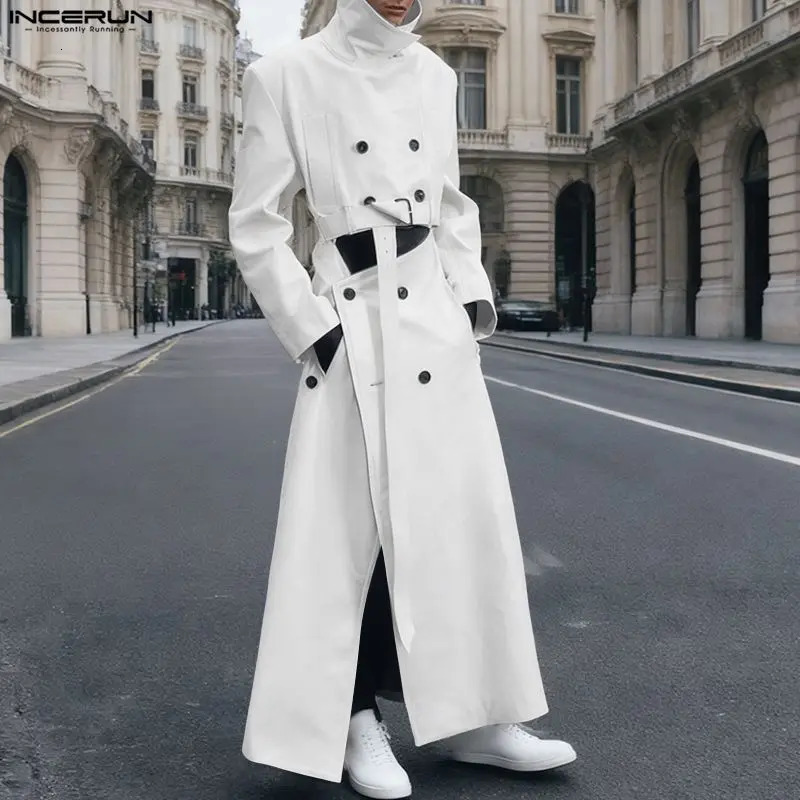 INCERUN Men Long Style Trench Solid Lapel Long Sleeve Double Breasted Male Coats Streetwear Loose Hollow Out Fashion Windbreaker 251204