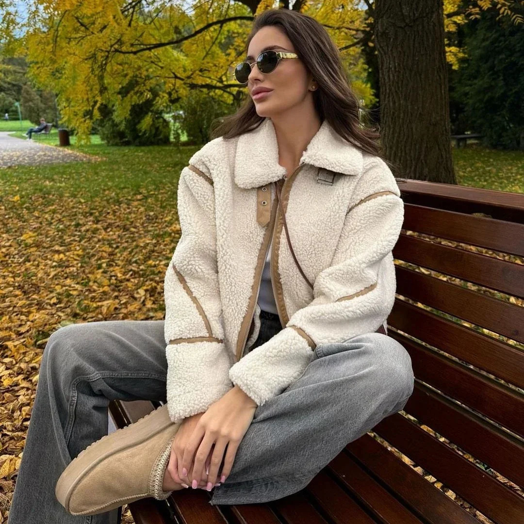 Suninheart mode hiver chaud laine d'agneau veste femmes fermeture éclair manches longues vestes manteau femme automne décontracté revers manteau