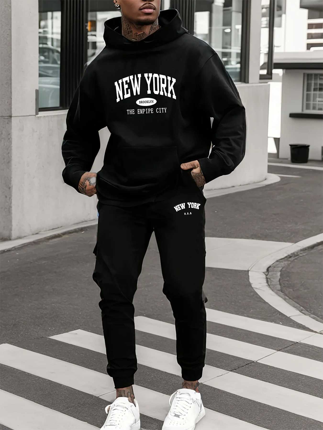 Hommes automne et hiver décontracté mode chaud New York Brooklyn imprimer ample et en peluche épais sweat à capuche ensemble X251205