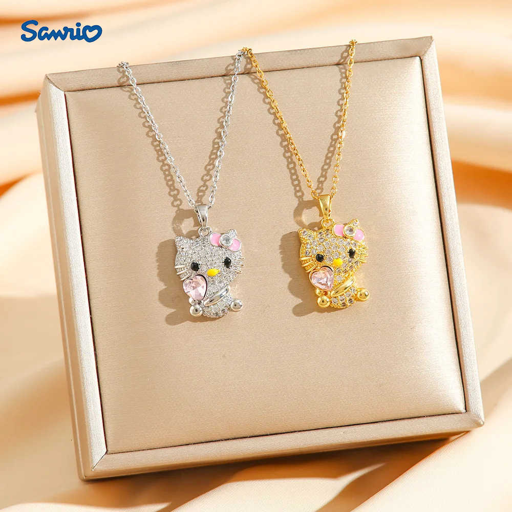 Sanrio Cute Pink Heart Crystal Zircon Hello Kitty Pendant Necklaces for Women Girls Stainless Steel Chain Jewelry Accessories H251205