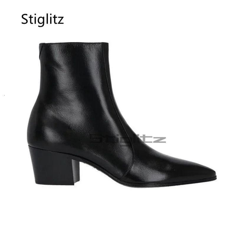 Bottines à talons hauts pour hommes, chaussures noires à bout pointu avec fermeture éclair, en cuir véritable, Style Chelsea, chaussures de maria