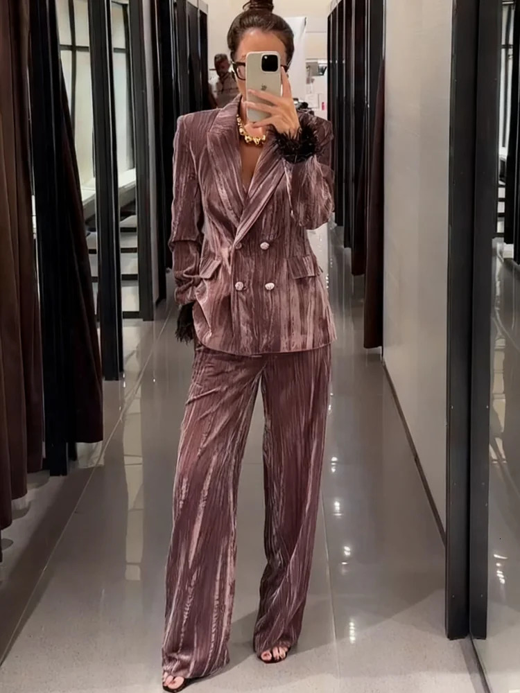 Chic velours plume patchwork costume pantalons longs ensembles pour femmes élégant revers blazer veste pantalon large femme tenues de rue 251204