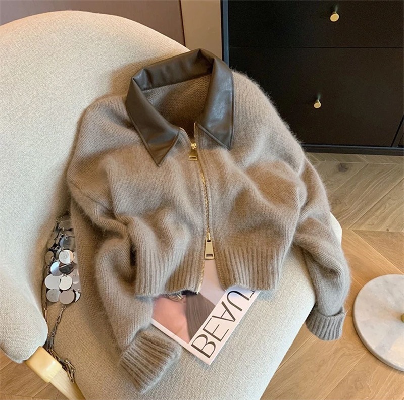 Pull en tricot à col en cuir épissé, mode Cardigan à Double fermeture éclair pour femmes, automne hiver, nouveau doux Vintage à manches longues,